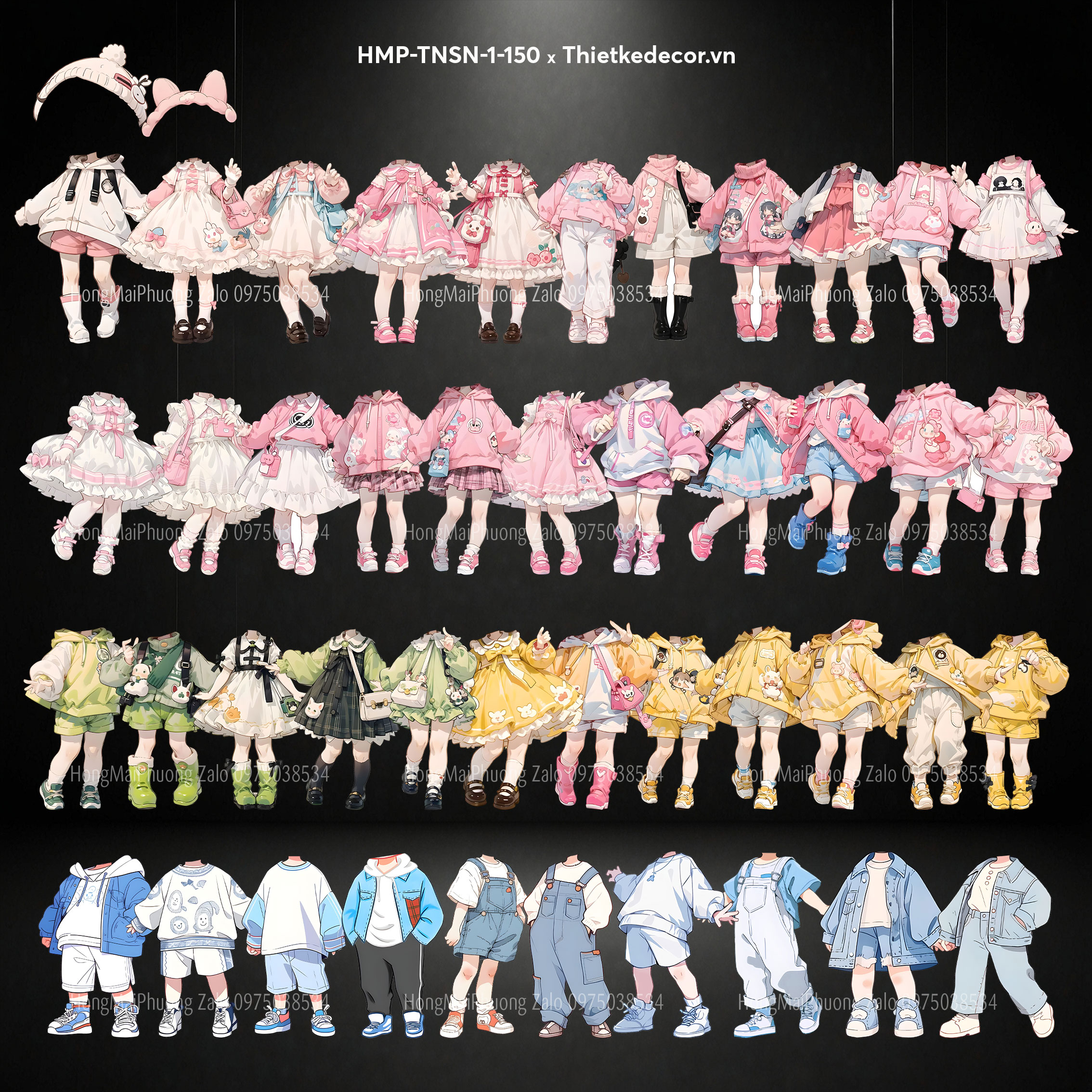 Set 44 chibi bé trai và gái tone hồng tone xanh lá và tone xanh dương